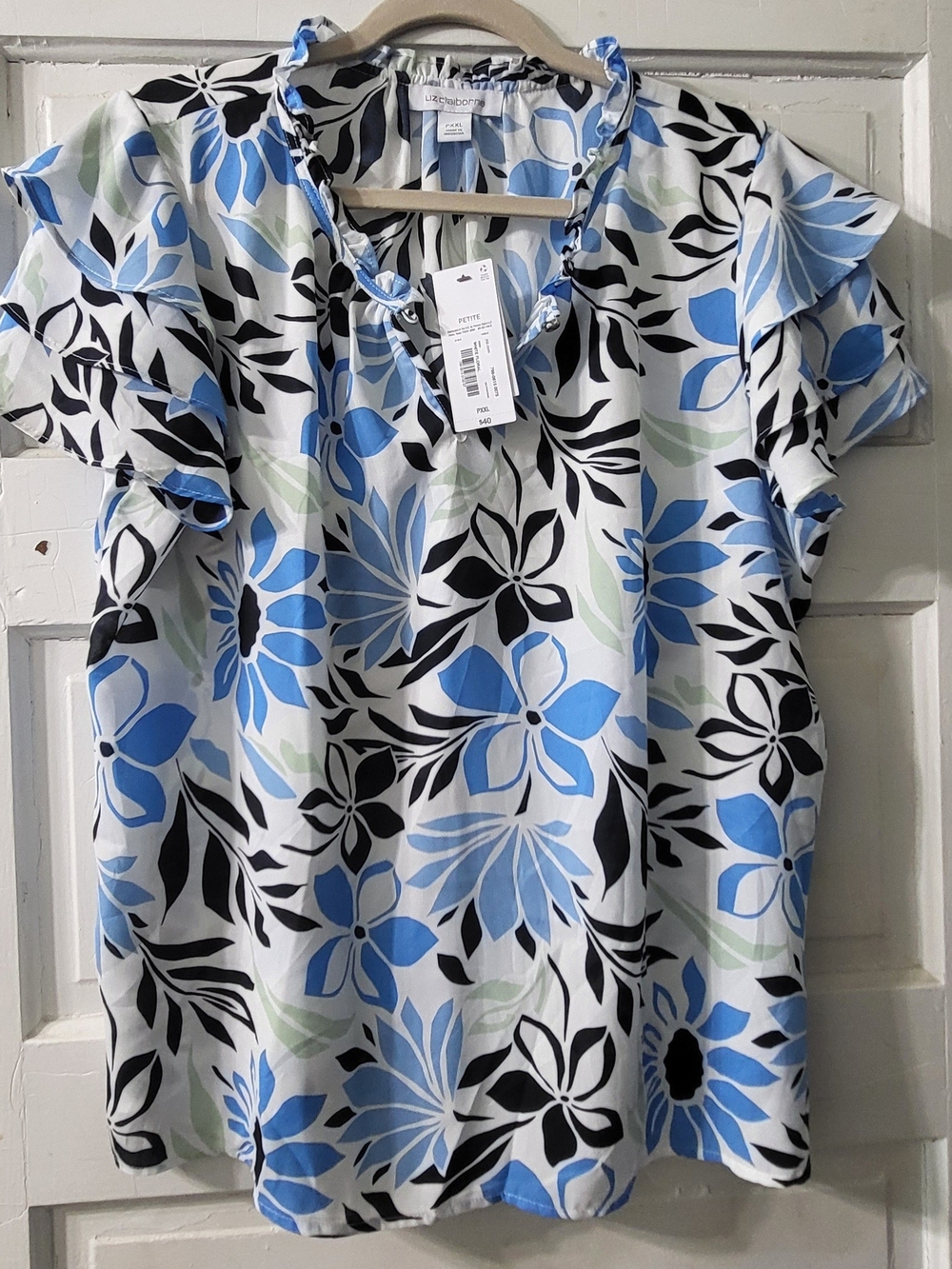 Liz Claiborne White Blue Floral Ruffle-Sleeve Blouse Petite XXL